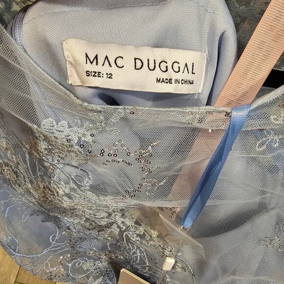 Mac Duggal 68020 Blue Embellished Lace Long Sleeve Beaded Midi Dress Size 12 - Picture 9 of 9